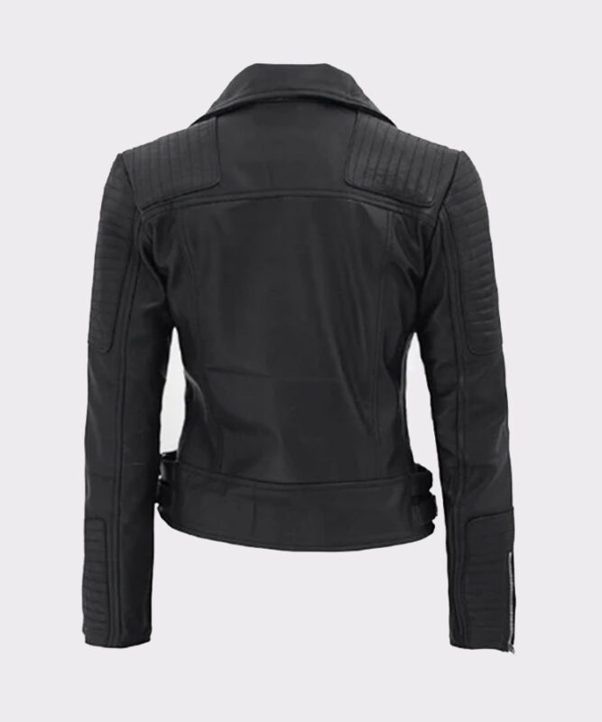 Women Black Leather Biker Jacket back