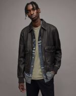 Men's Distressed Leather Bomber Harrington Jacket