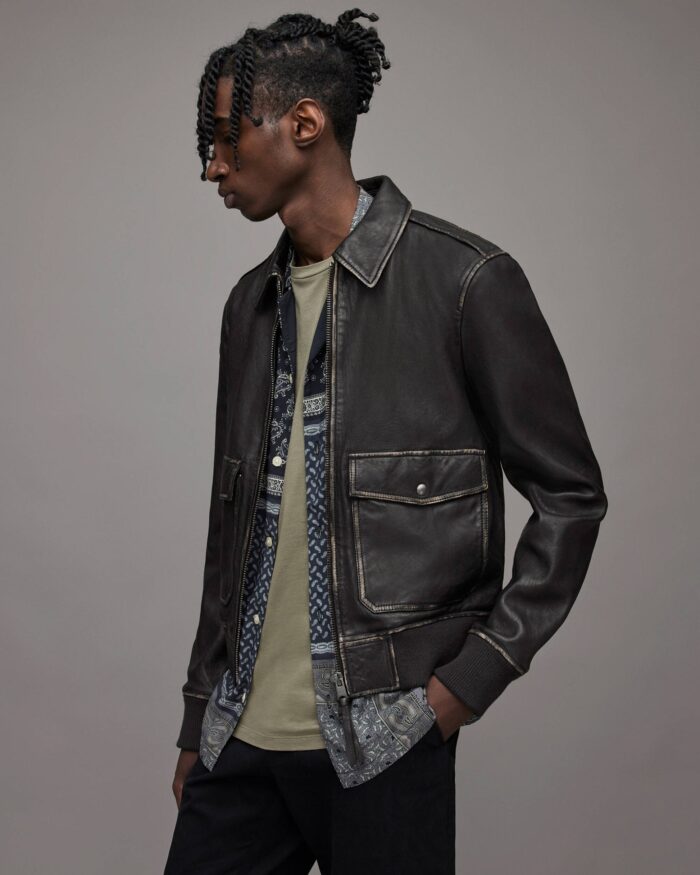 Men's Distressed Leather Bomber Harrington Jacket