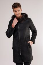 Men's Black Hooded Shearling Leather Coat