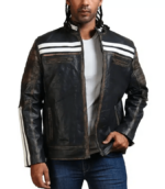 Men's Black Cafe Racer Biker Leather Jacket