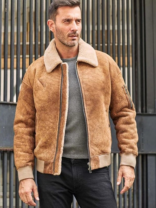 Men's RAF Aviator B3 Bomber Jacket - Real Shearling Leather - Beige/Brown (XS-4XL)