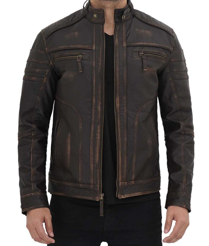 Men's Cafe Racer Distressed Leather Jacket