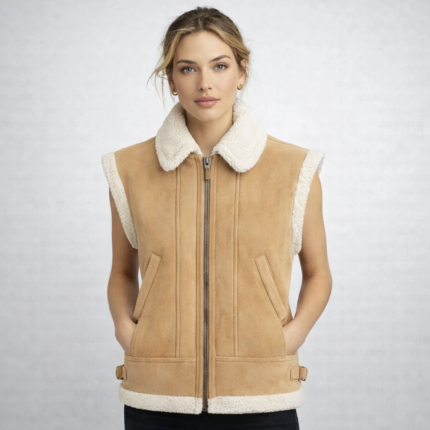 Faux Suede Shearling Zip Up Cropped Vest Shearling jacket