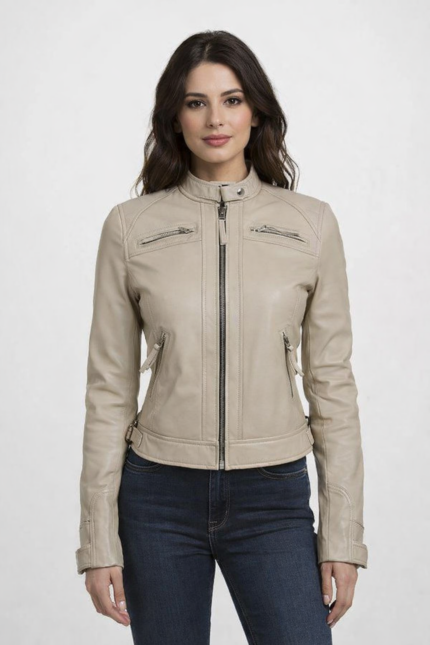 Women's Beige Diamond Cafe Racer Leather Jacket