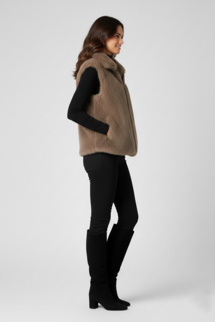 Women's Sleeveless Short Fur Beige Shearling Jacket